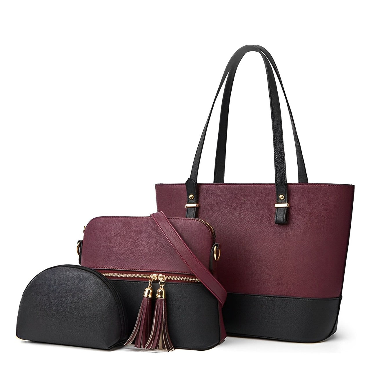 Grace 3 Piece Handbag Set Black/Maroon